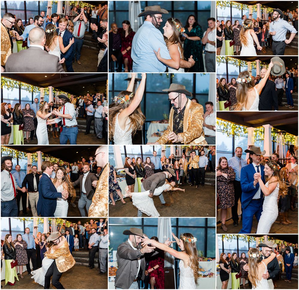 Wedding guests dancing and celebrating on the dance floor during a lively reception.