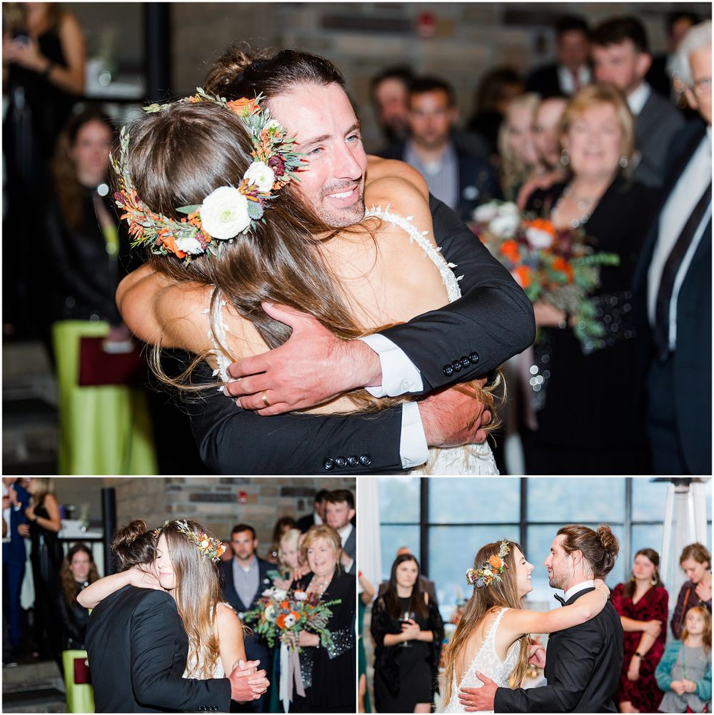 Emotional moments during wedding reception as couple embraces among guests.