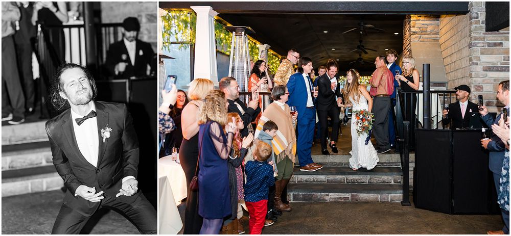 Wedding guests and couple celebrating in an indoor venue with brick walls.