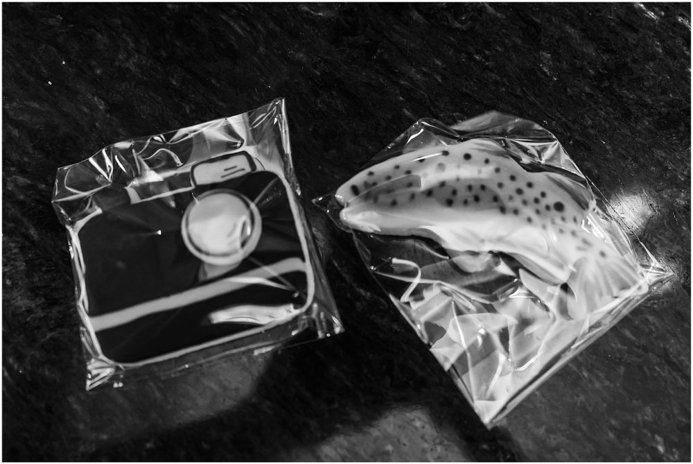 Black and white photograph of vintage camera parts in plastic packaging on dark surface.