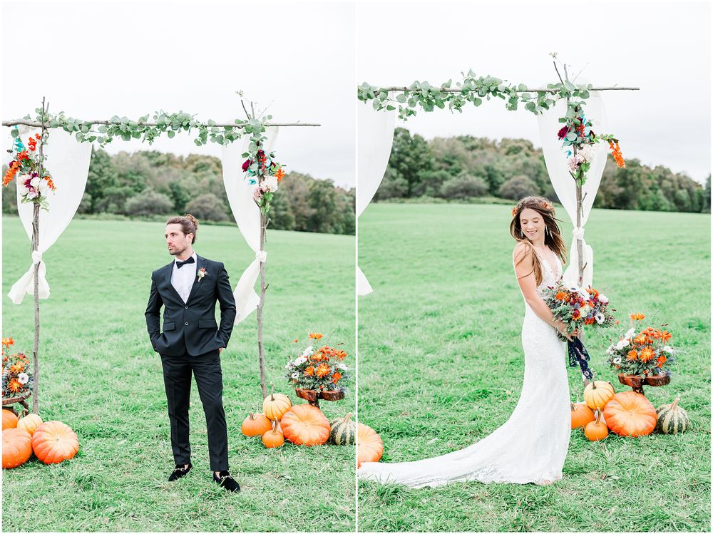 Wedding portraits featuring bride and groom with fall decorations and white draped arch.