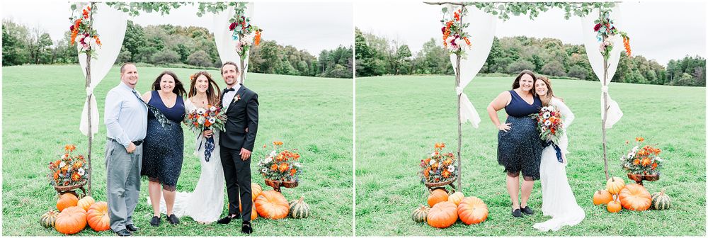 Group photos at a fall wedding with pumpkins and floral arch decorations.