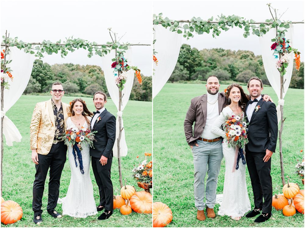 Fall wedding portraits with pumpkin decor and floral arch in an outdoor setting.