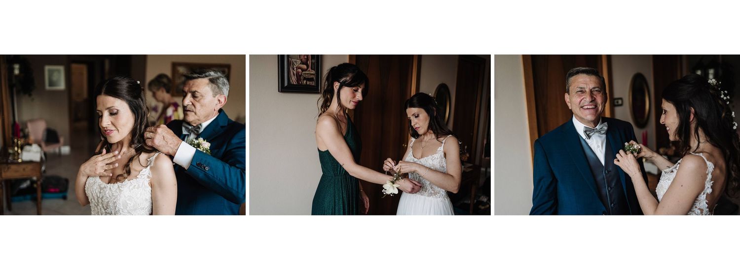 Wedding preparation triptych showing bride and groom helping each other with accessories and finishing touches.