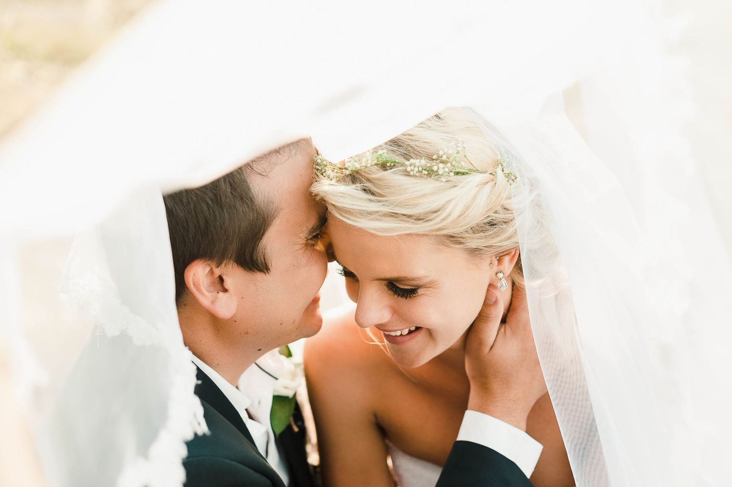 close up of bride and groom under veil