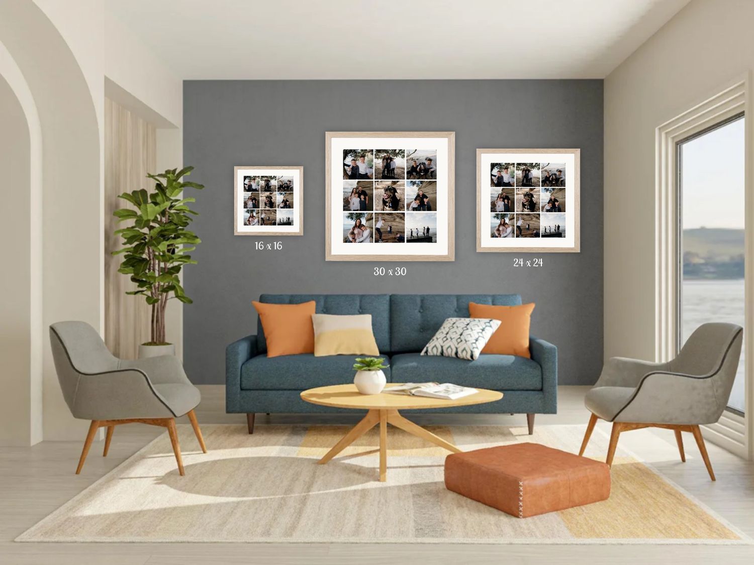 gallery frame with 9 images in one frame all three sizes shown hanging on the wall for comparison