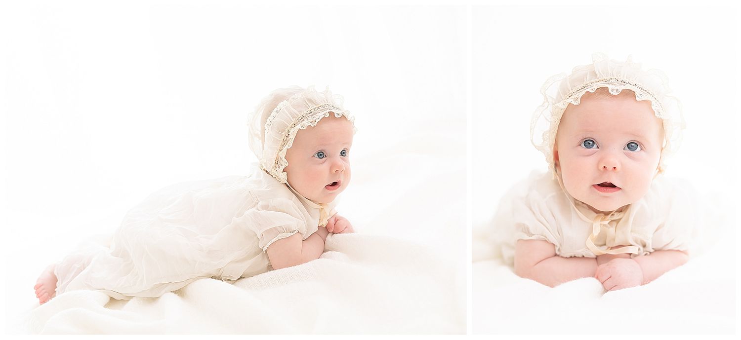 alert baby girl in white antique bonnet, heirloom photographer chattanooga, classy classic baby photography, framed