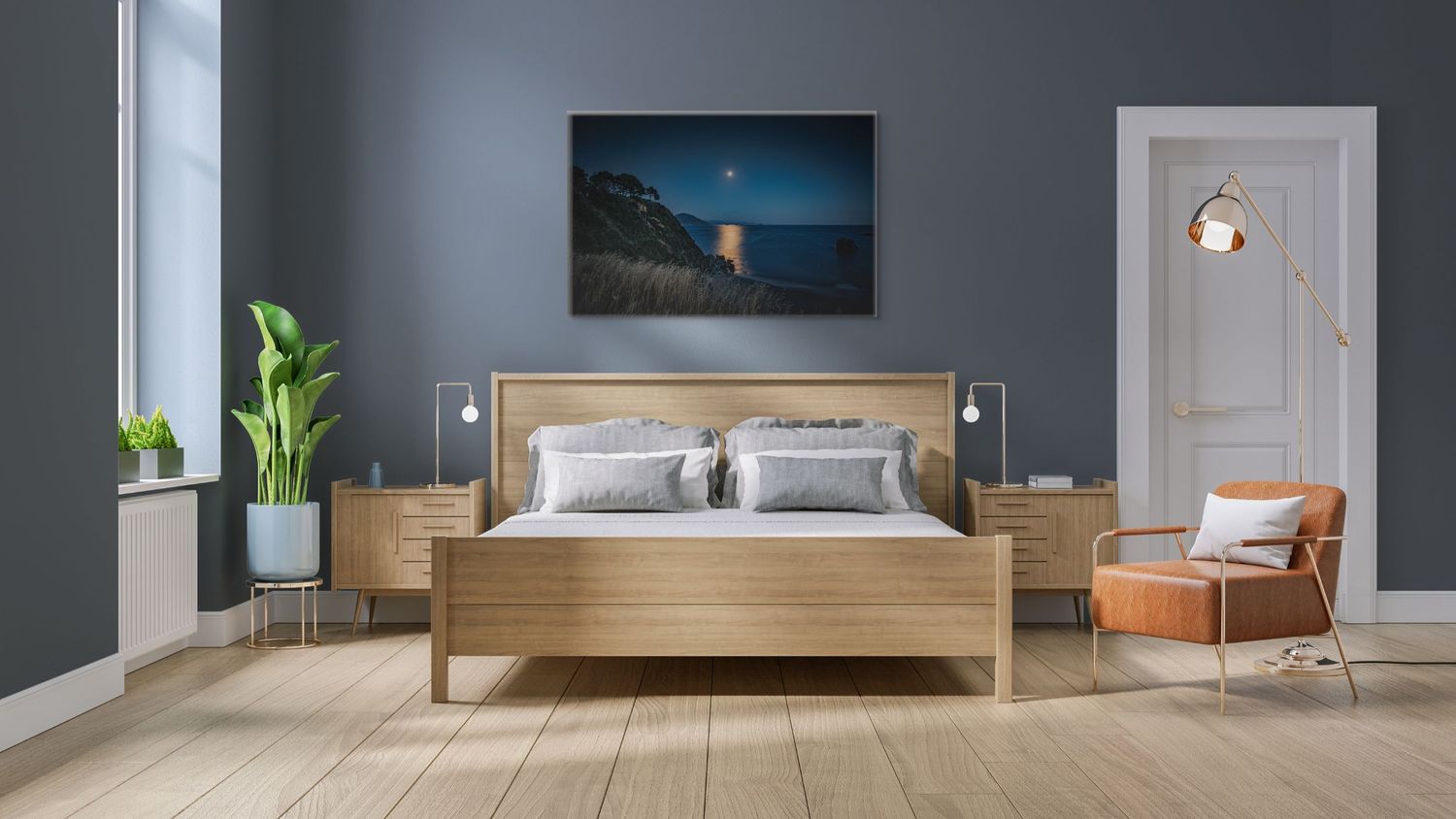 Modern bedroom interior with wooden bed frame, blue walls, and nighttime nature artwork.