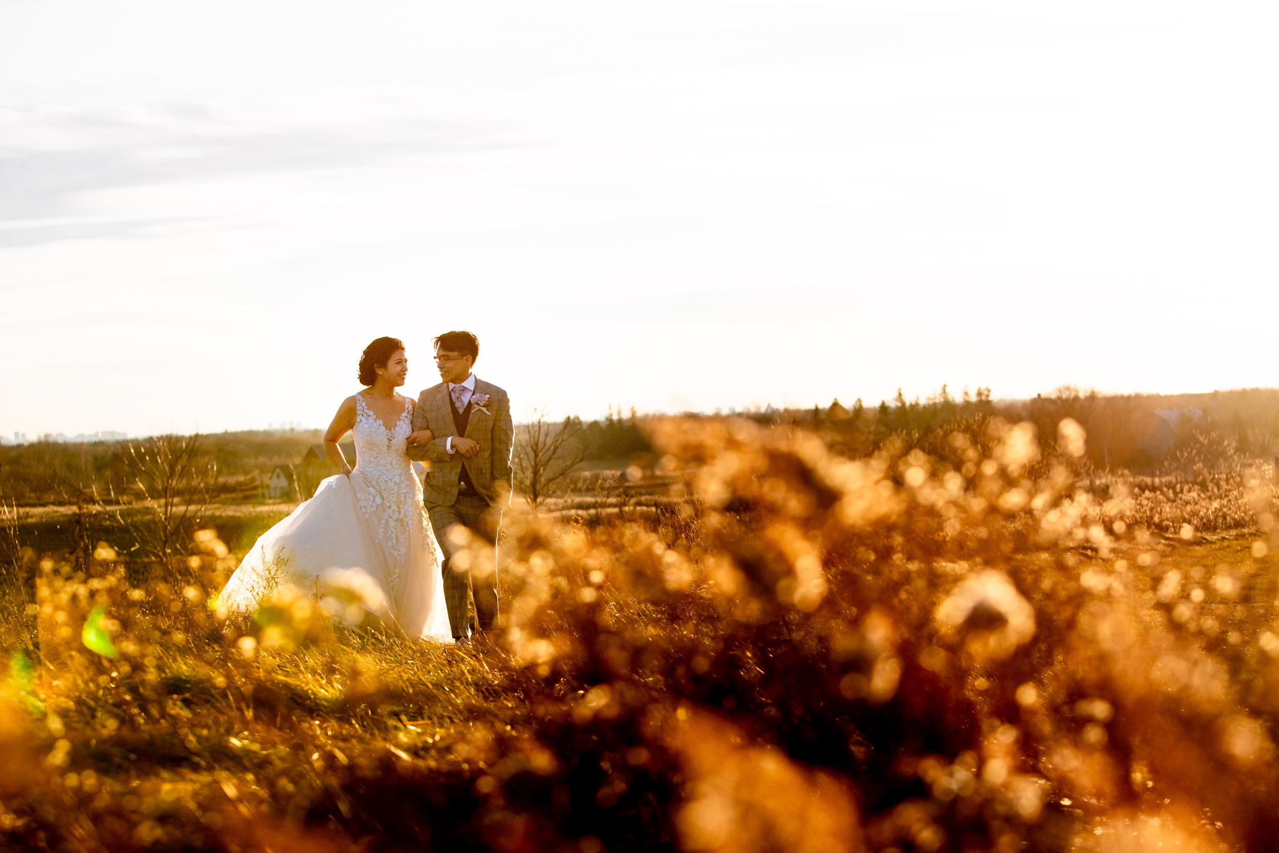 Romantic sunset portrait of newlyweds in a field with golden light filtering through.
