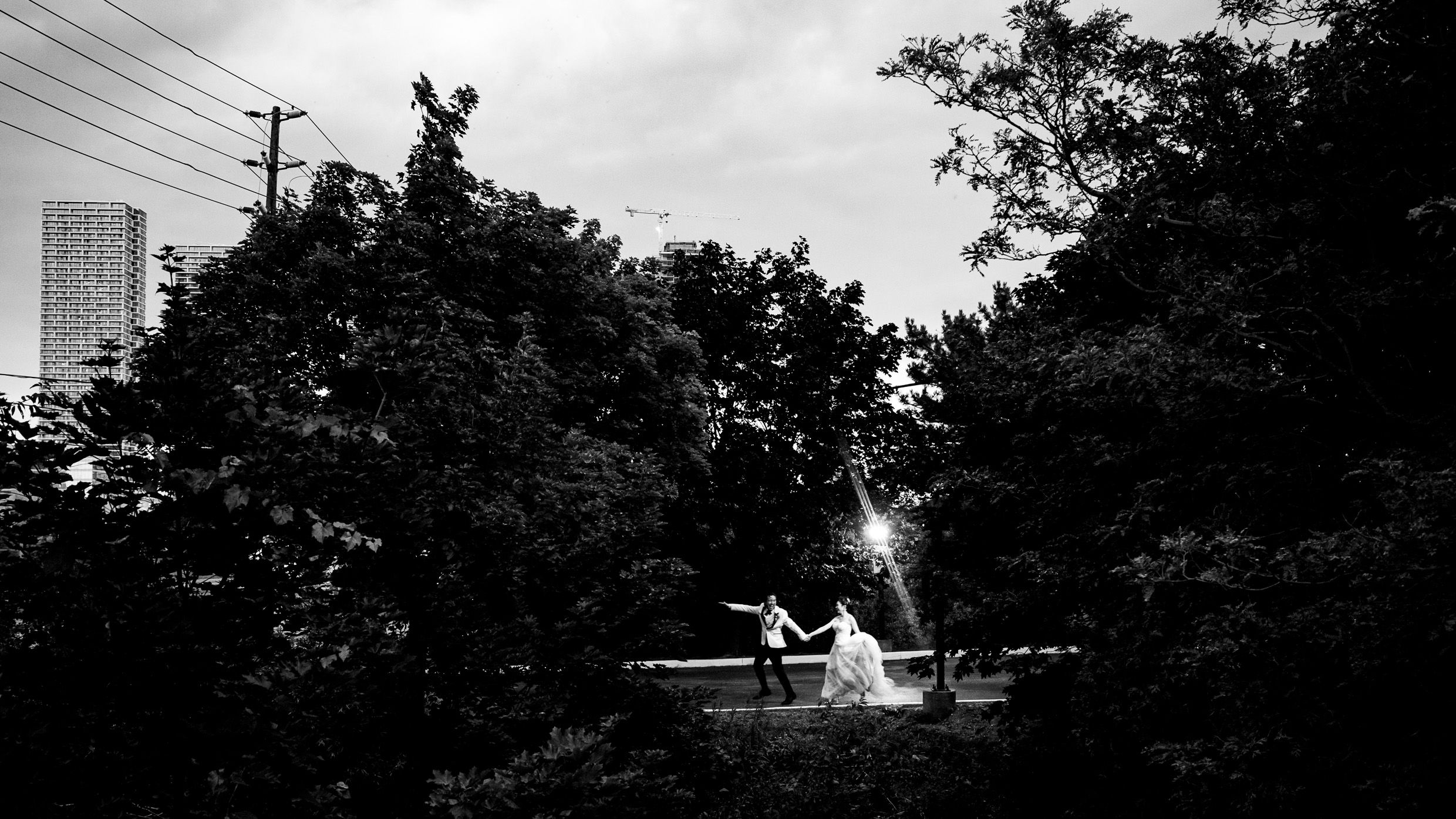 Black and white silhouette of dancers performing in natural outdoor setting.