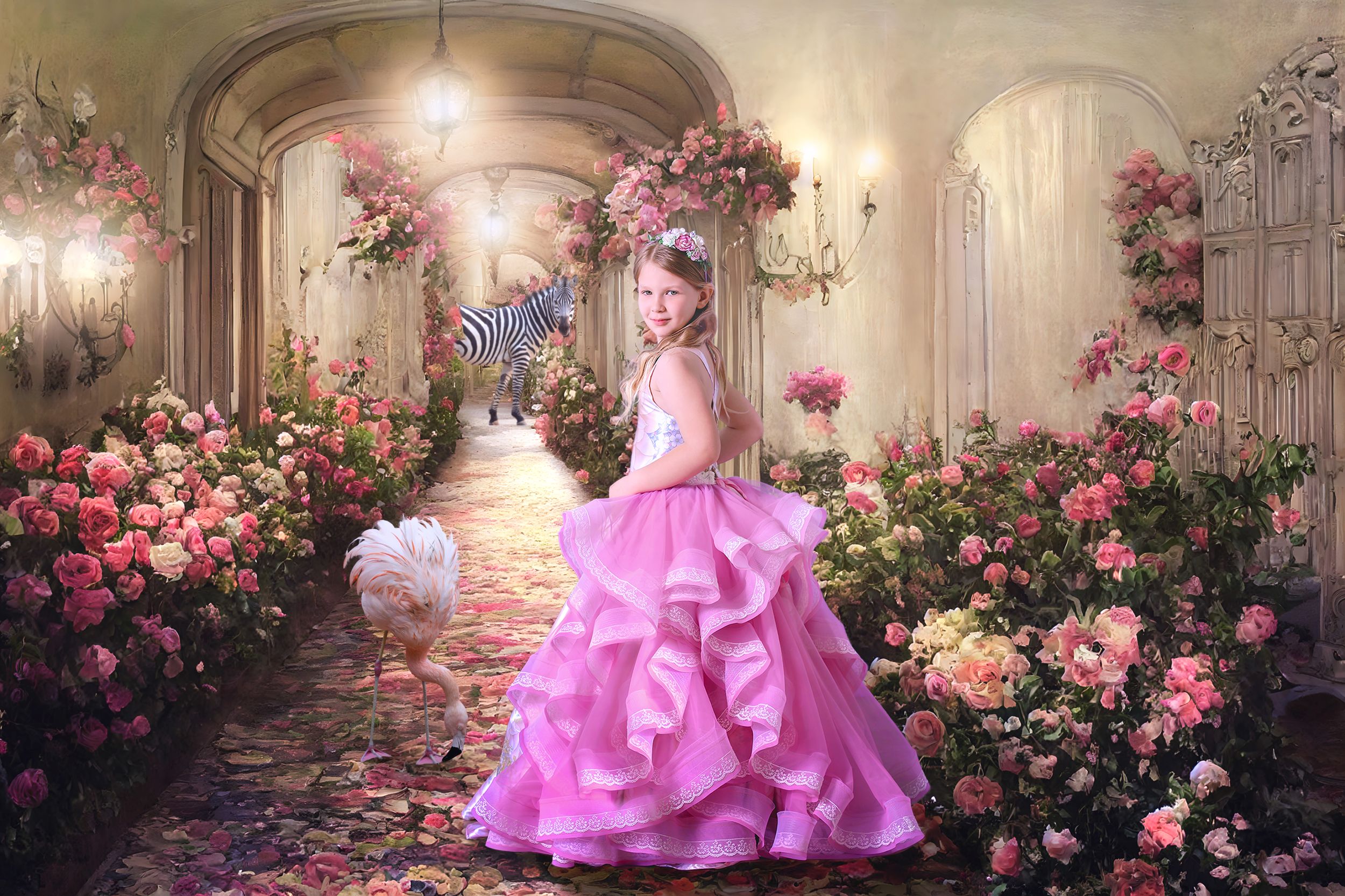 Girl in a ruffled gown walking along an indoor floral lined path with a flamingo and Zebra in the background.