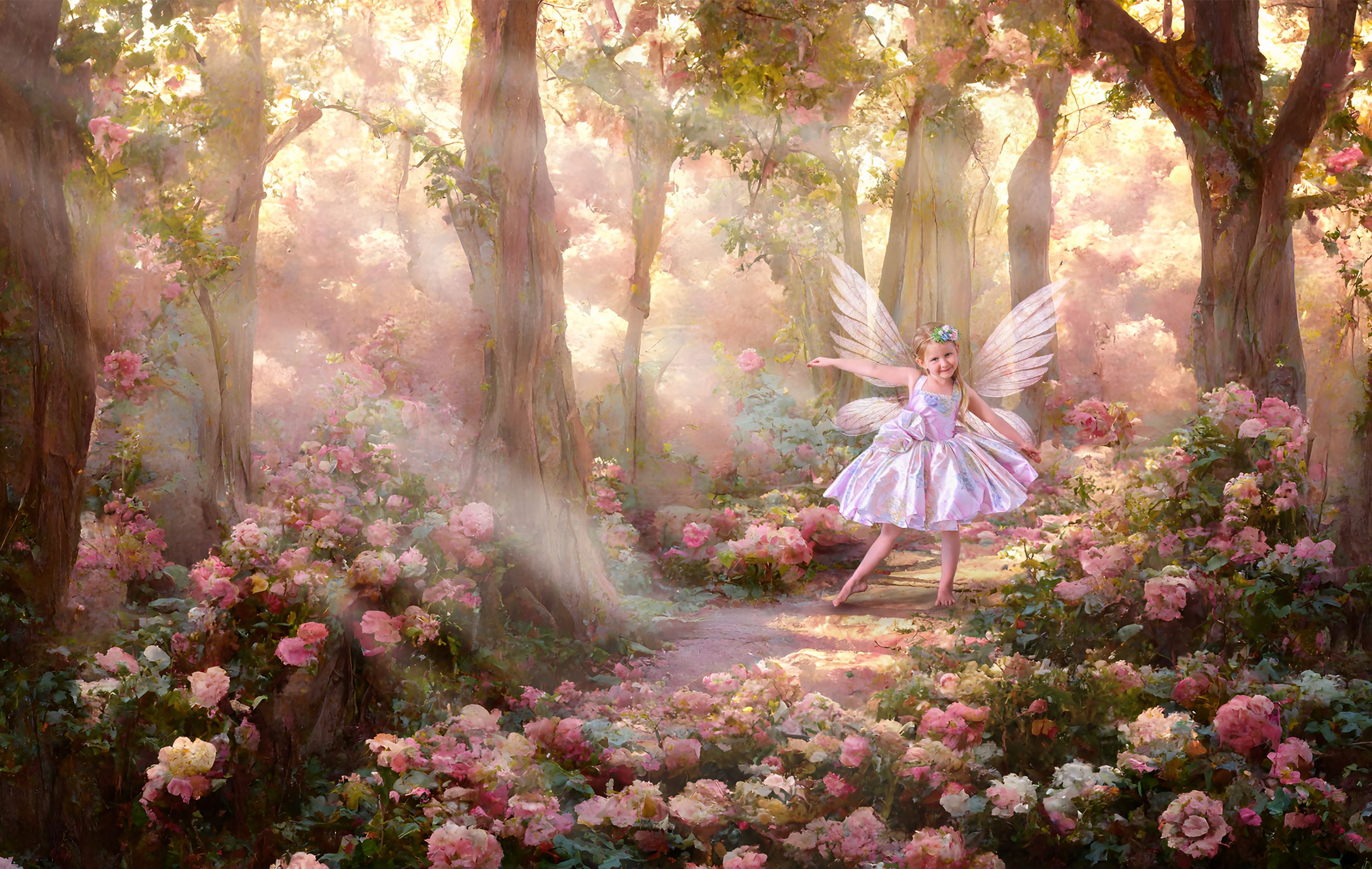 Little girl in a knee length satin gown and with fairy wings, dancing along a path in a magical flower adorned forest.