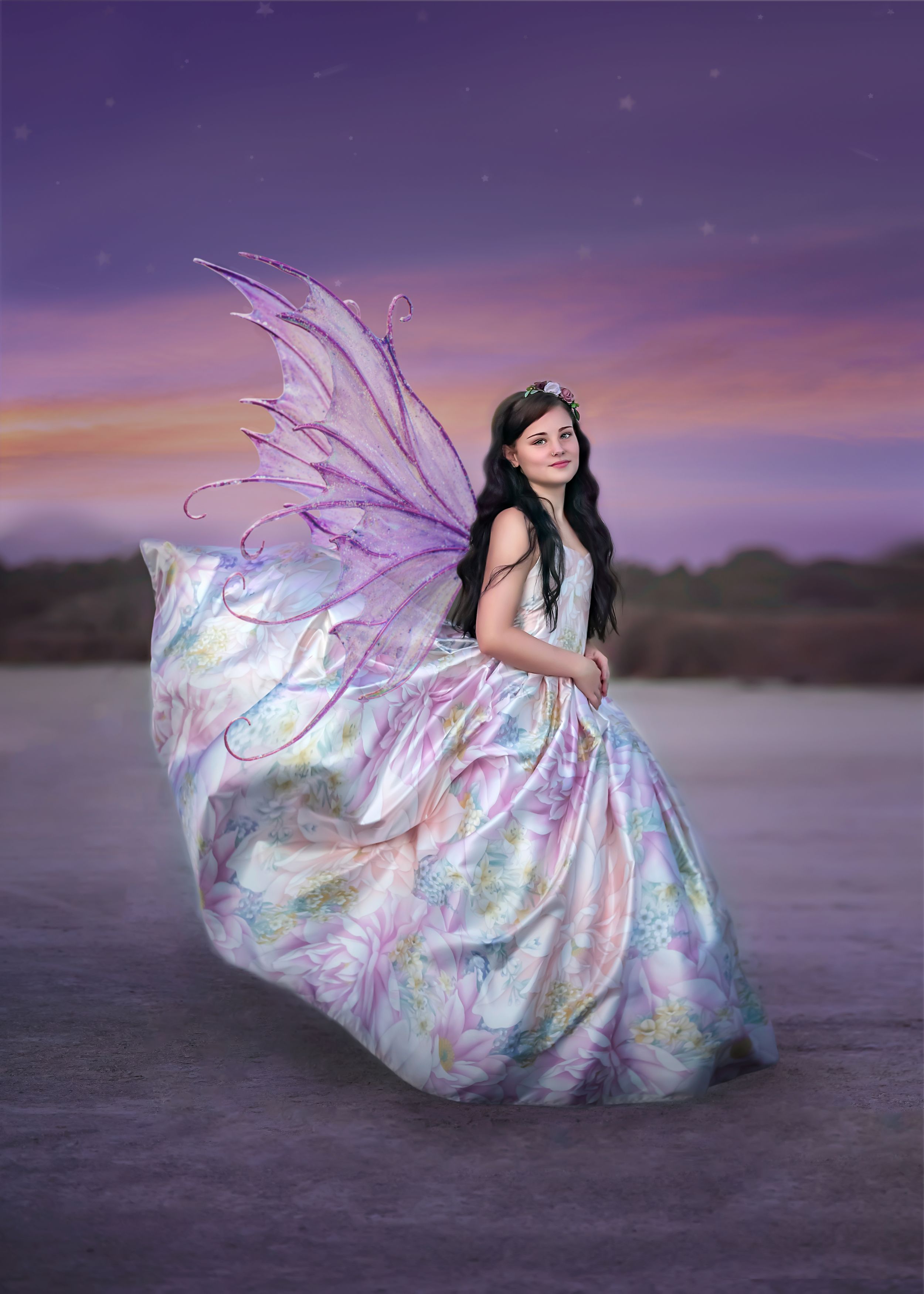 Preteen girl in long satin gown and large fairy wings amongst Rockingham Salt Lakes landscape with magical twilight sky.