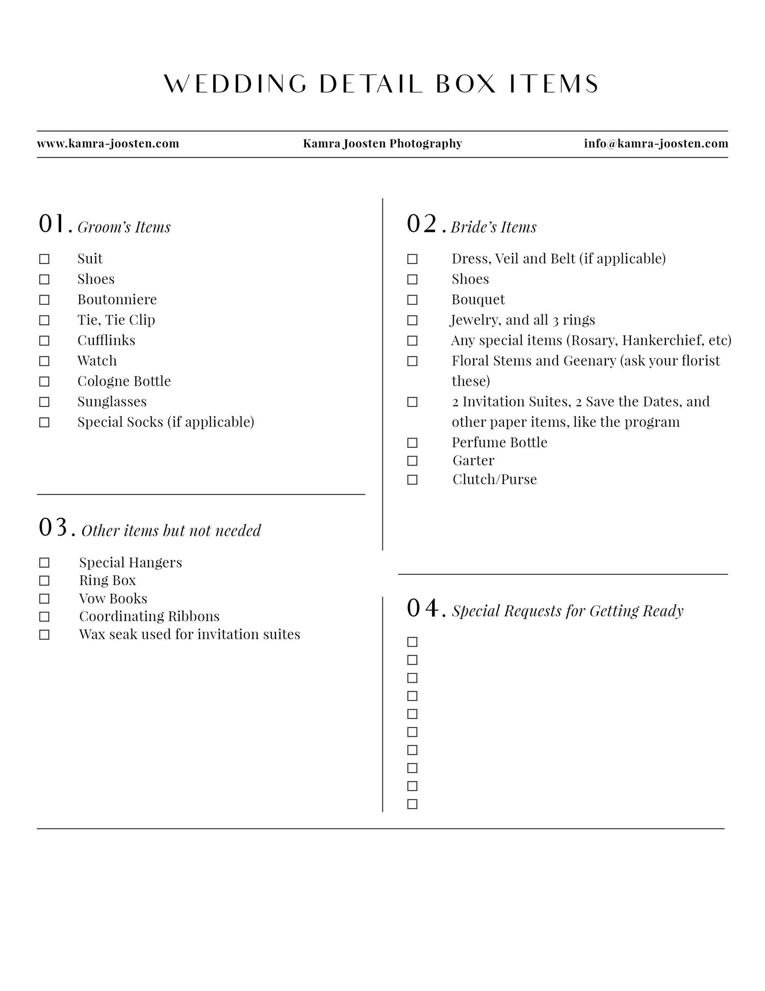 A detailed wedding checklist showing categories for groom's attire and bridal items.