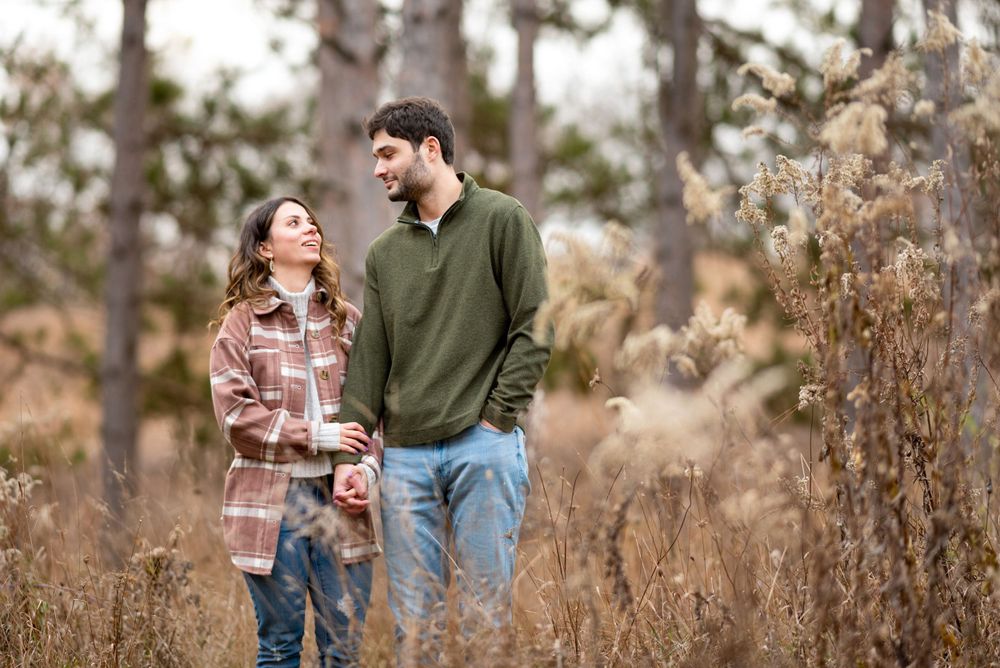 A recently engaged couple walking among plumes of tall wild grasses at a nature preseve in Crystal Lake, IL.