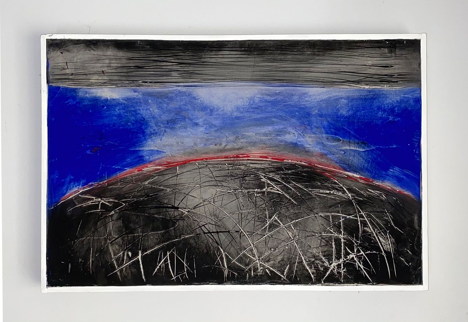 'Heated II ' mixed media painting on canvas. Volcanic landscape on a smoky, blue background.