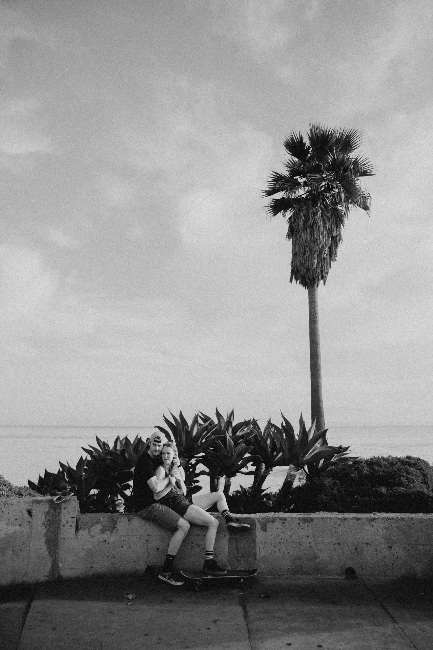 A black and white photo of skateboarders sitting on a wall with a palm tree against a cloudy sky.