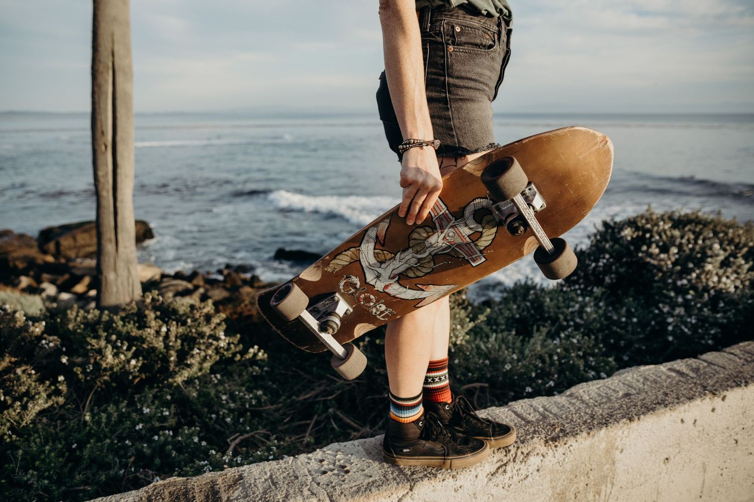 Close up of person holding skateboard deck against ocean backdrop.