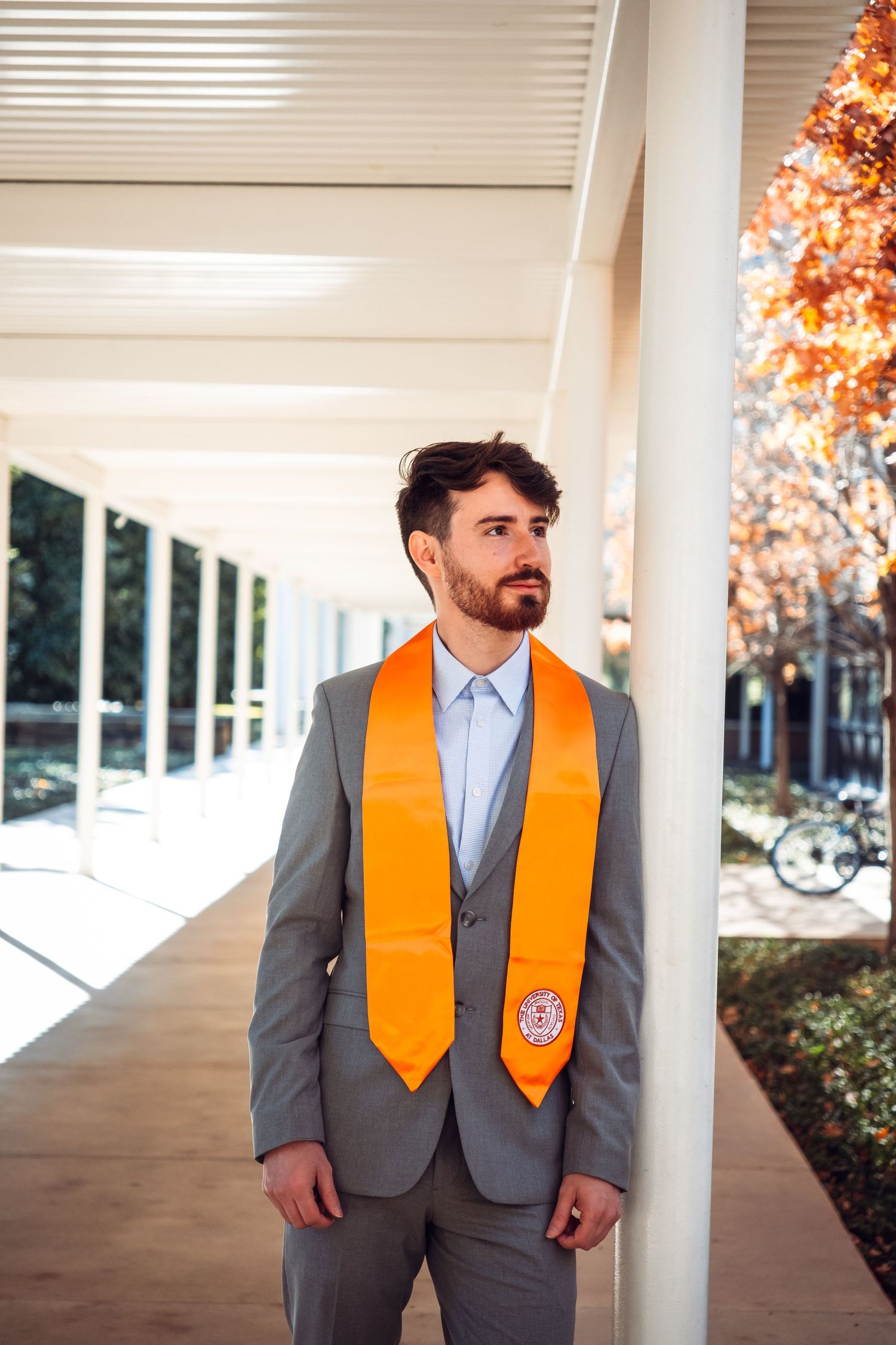 UTD Grad Portrait of graduating senior at The University of Texas at Dallas in Richardson, Texas.