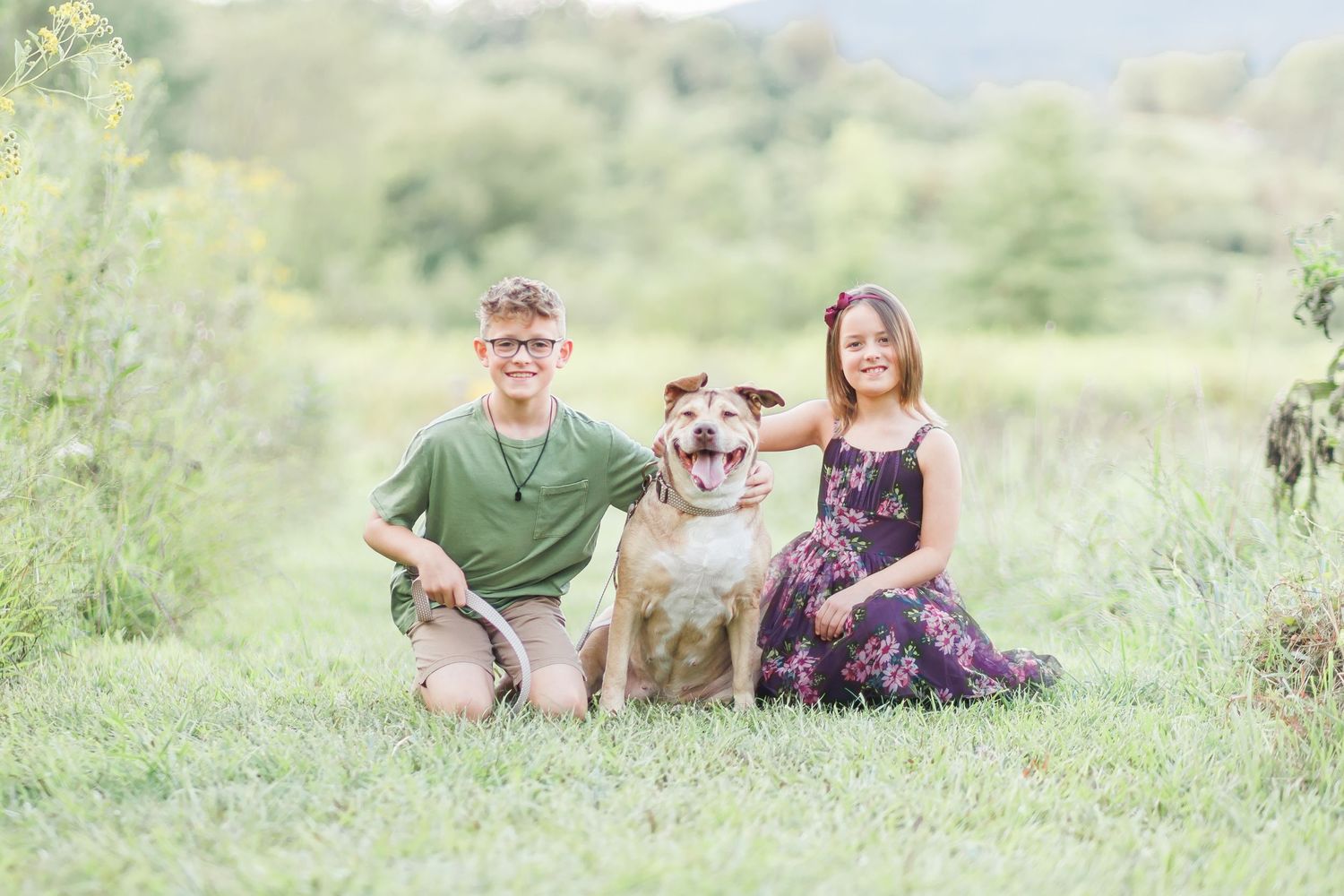 Casual outdoor family portrait with a happy dog in a natural meadow setting.