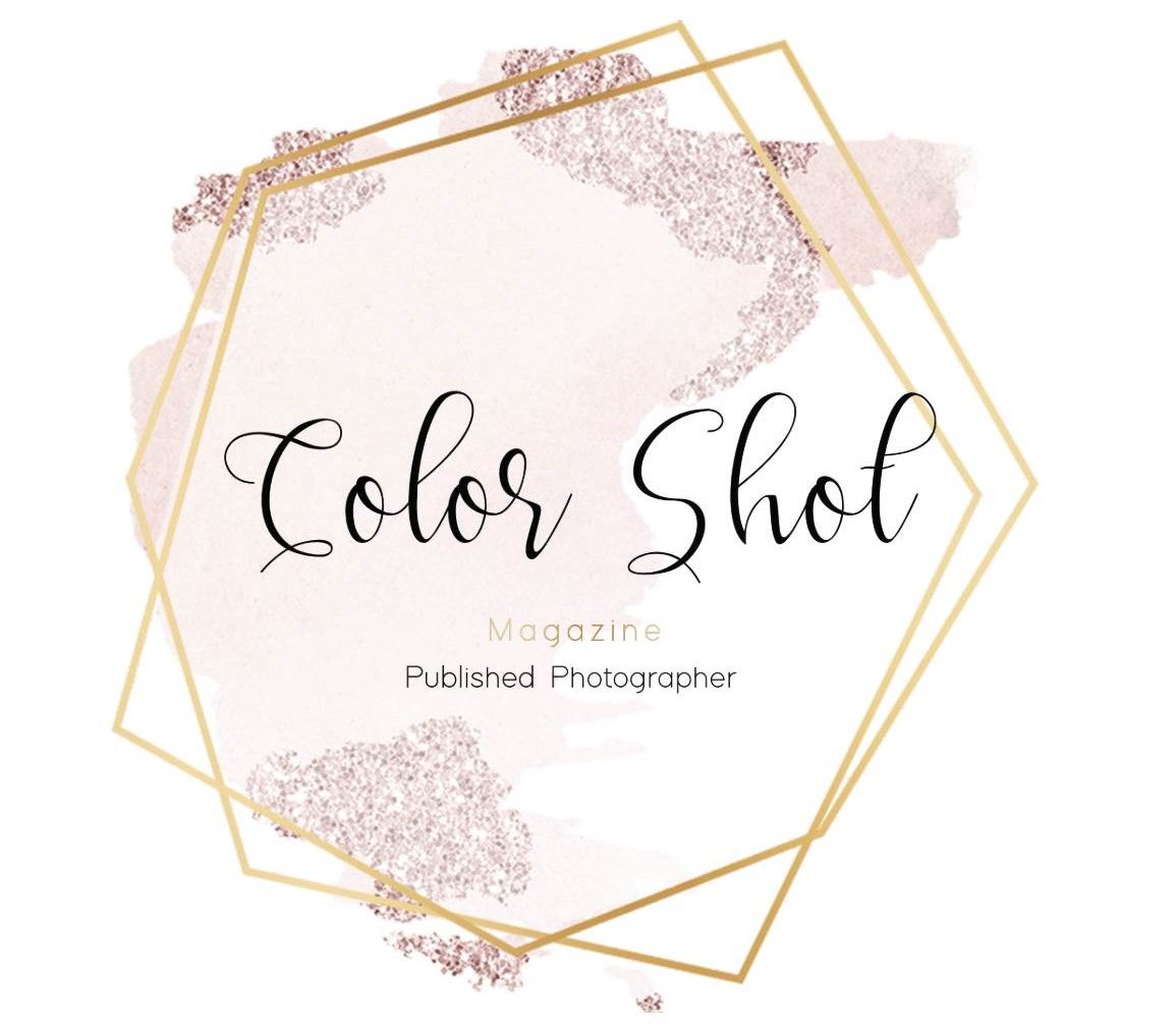 Color Shot logo with gold geometric frames and pink glitter accents on pale background.