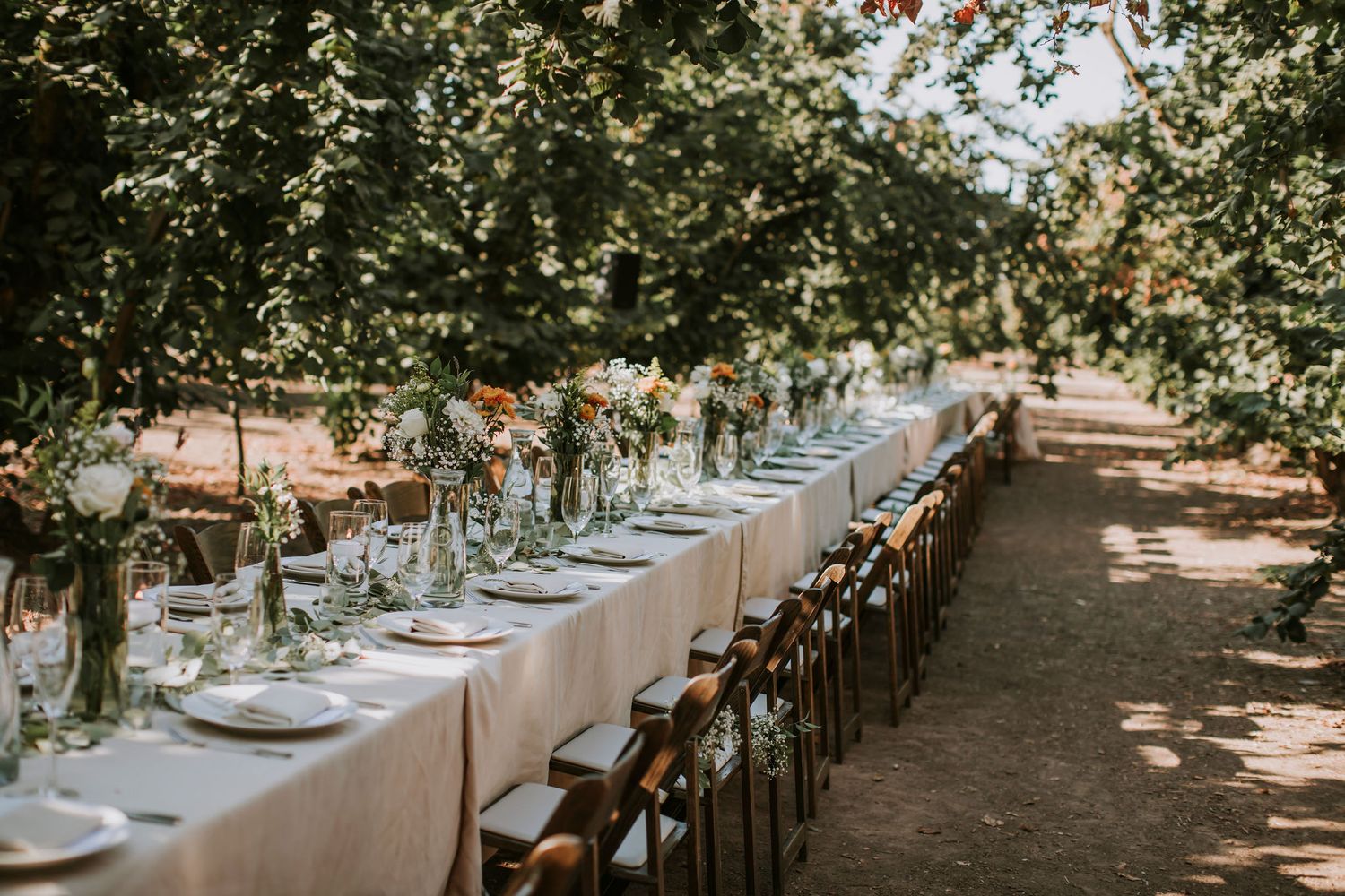 Long table with wedding flowers and place settings in a row of hazelnut orchard
