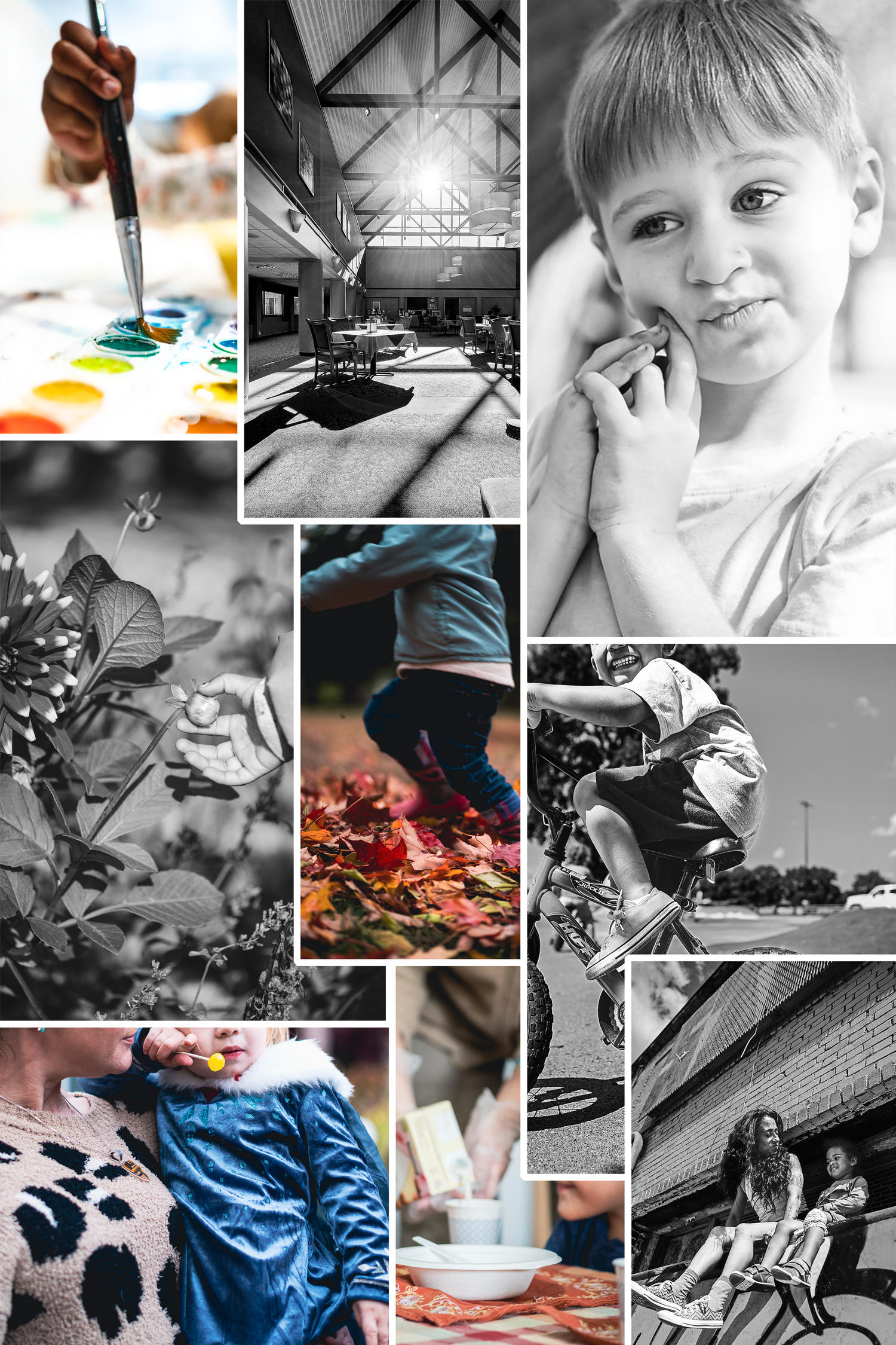 Creative photo collage mixing color and black and white images of everyday moments and artistic details.