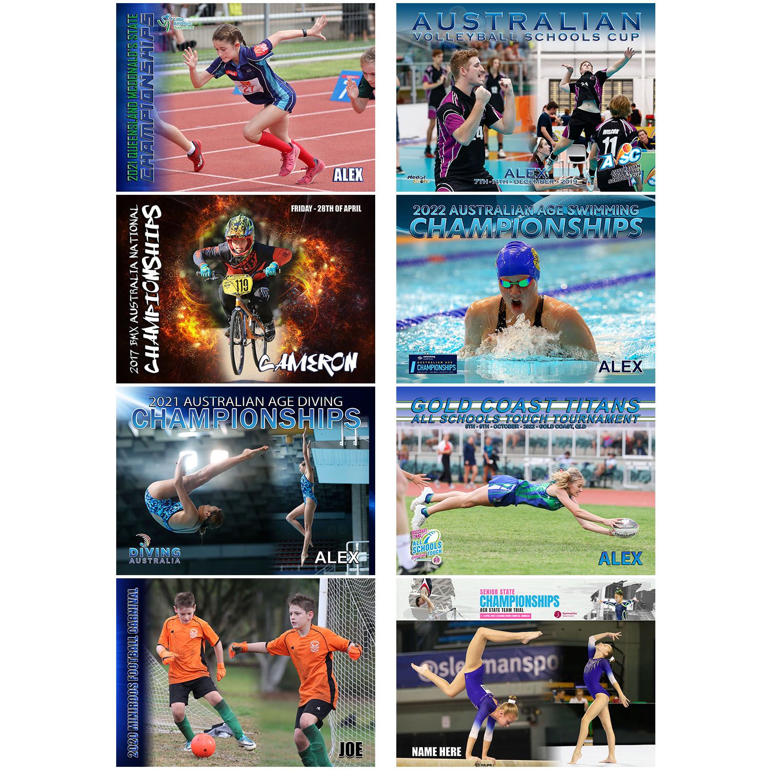 Collage of eight sports action photos showing swimming, running, and various athletic competitions.
