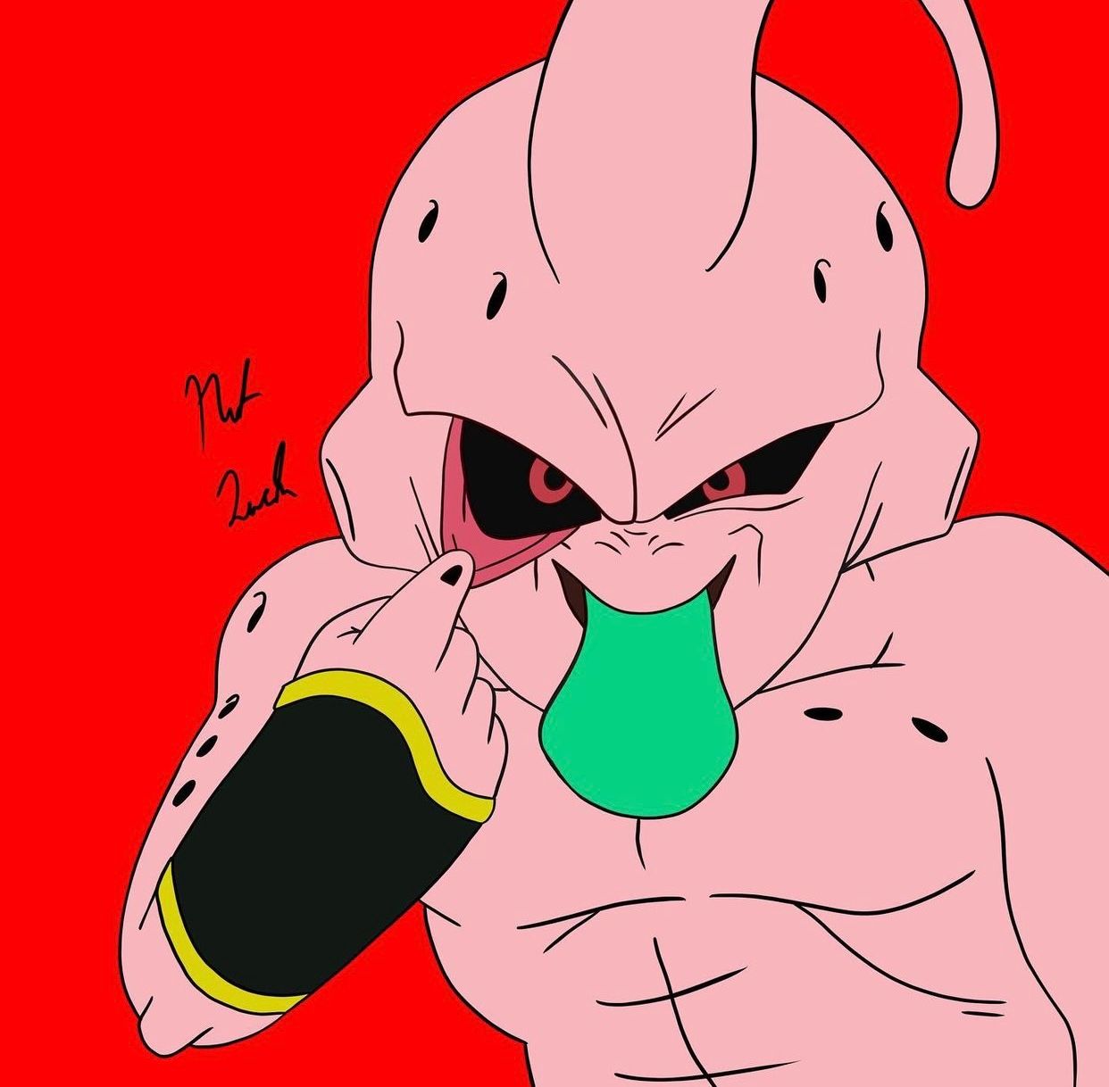 Majin Buu character sprite animation frames showing pink alien form against red background.