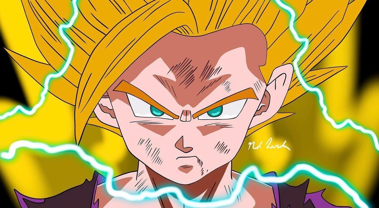 Dragon Ball character animation frames with yellow aura and lightning effects.