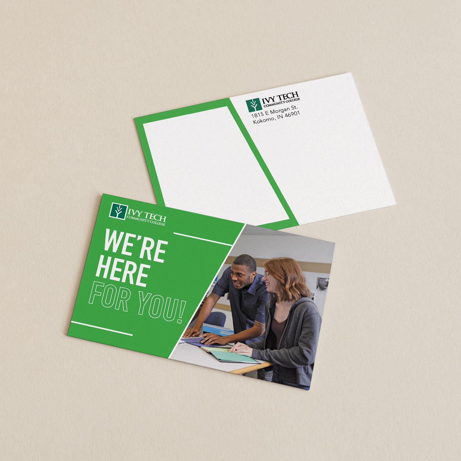 Collection of green and white branded marketing materials for Ivy Tech.
