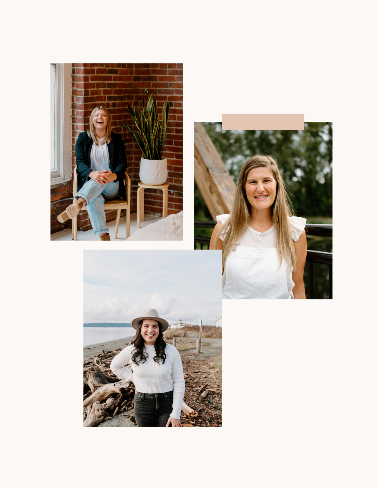 Collection of casual portrait photography samples against brick walls and outdoor settings.