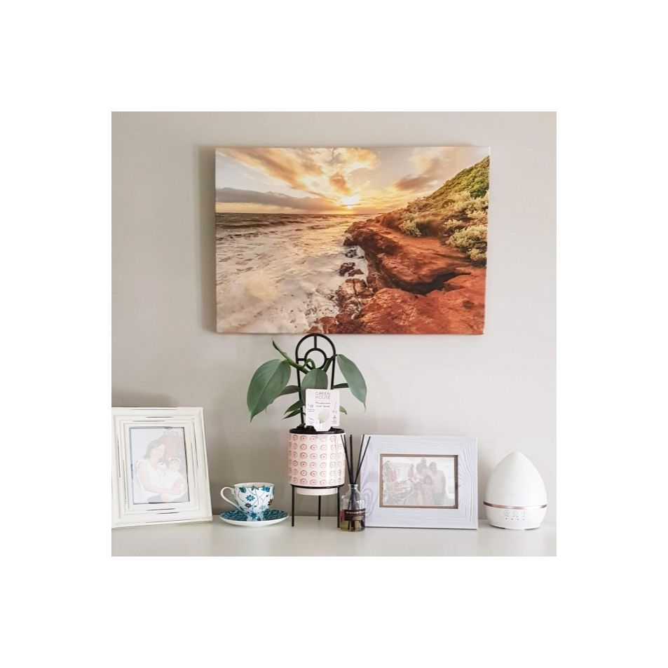 A coastal landscape canvas print displayed on a wall above a small table with plants and decorative items.