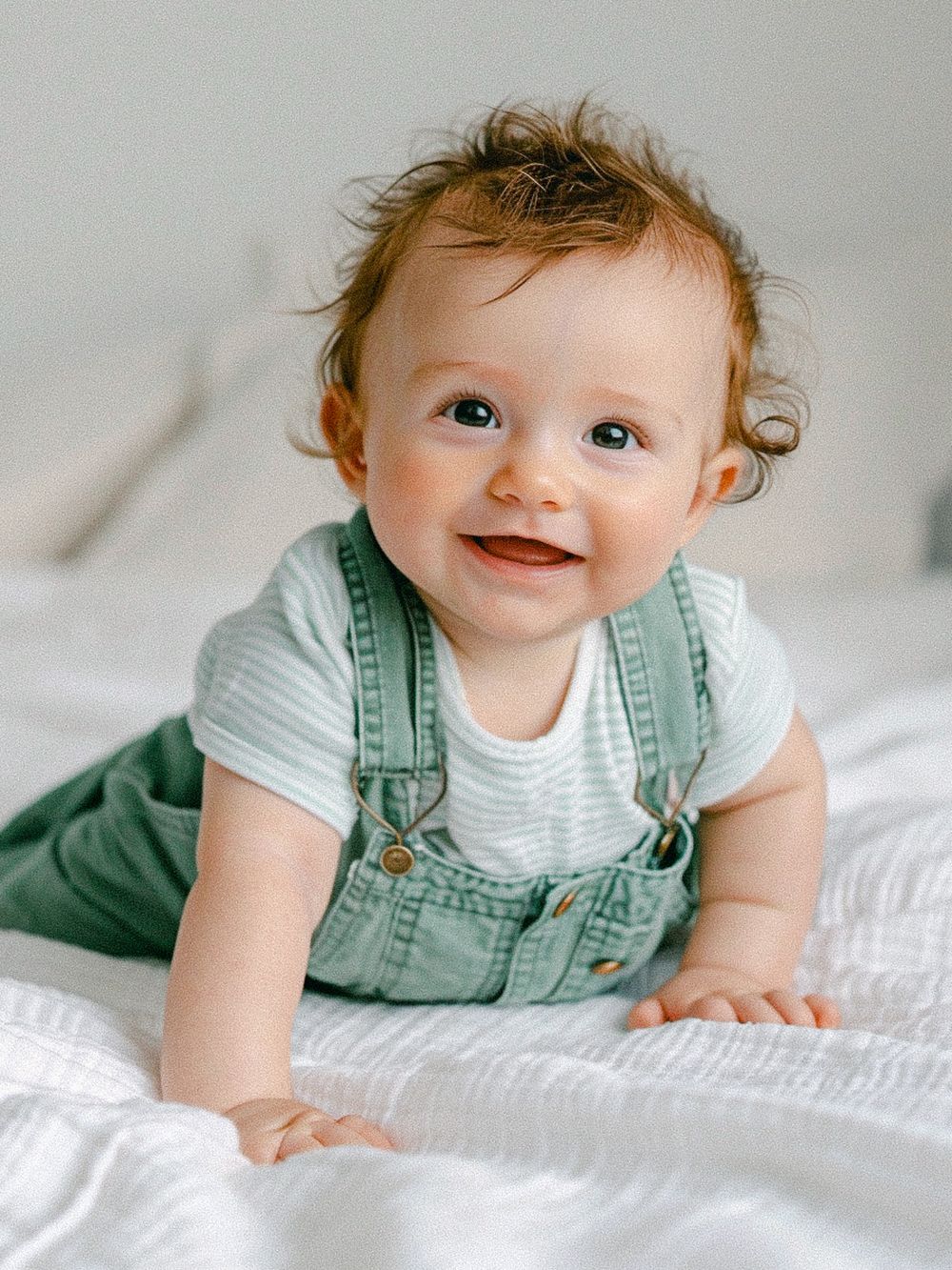 Un bébé portant une salopette verte, souriant en rampant sur une literie blanche.