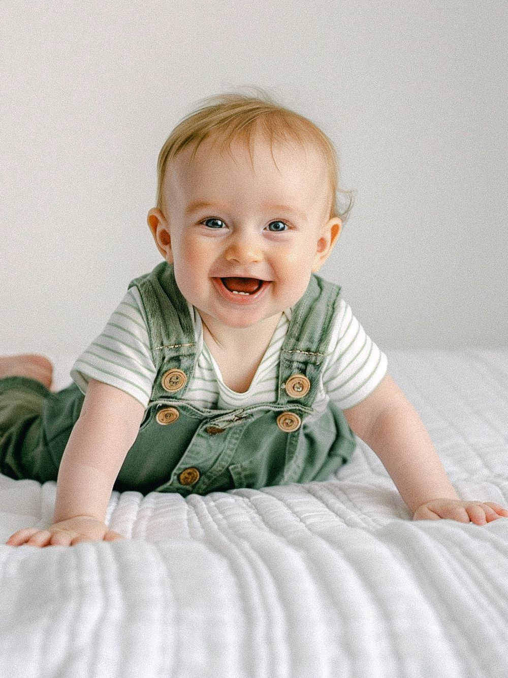 Un bébé heureux portant une salopette verte, allongé sur une literie blanche.