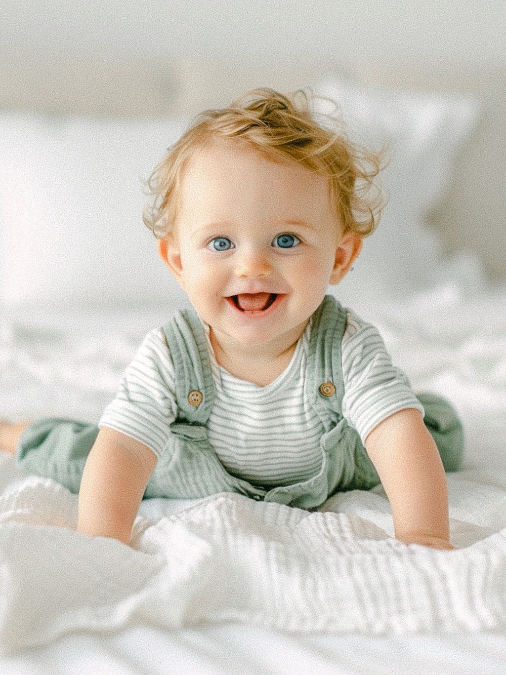 Un adorable portrait de bébé enveloppé dans une couverture blanche texturée.