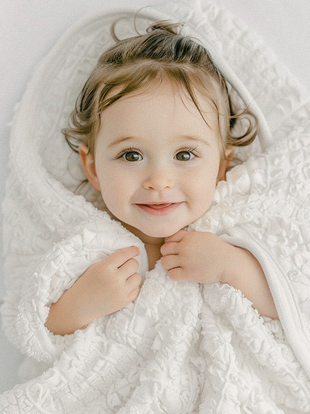 Sweet baby portrait wrapped in white textured blanket.