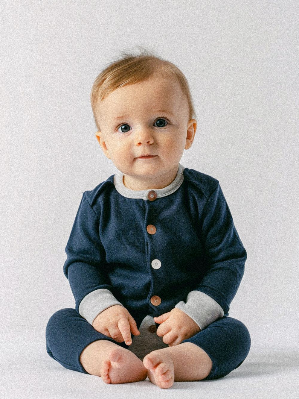 Un bébé portant une tenue bleu marine avec un col blanc, assis sur le sol.