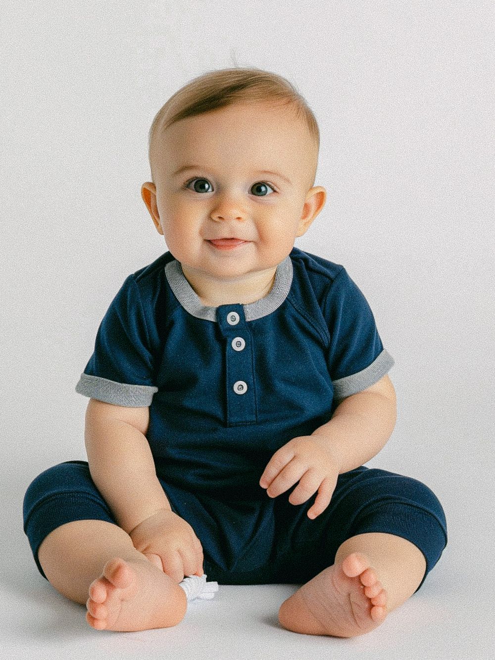 Un bébé portant une barboteuse Henley bleu marine, assis sur un fond blanc.