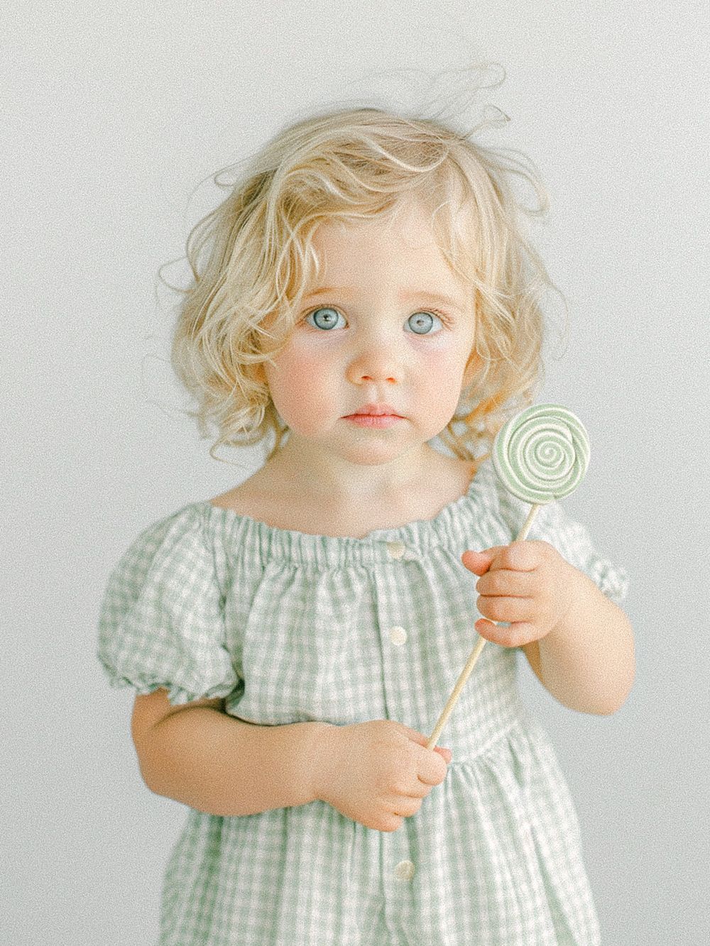 Une petite fille en robe vichy vert menthe tenant une sucette contre un fond blanc.