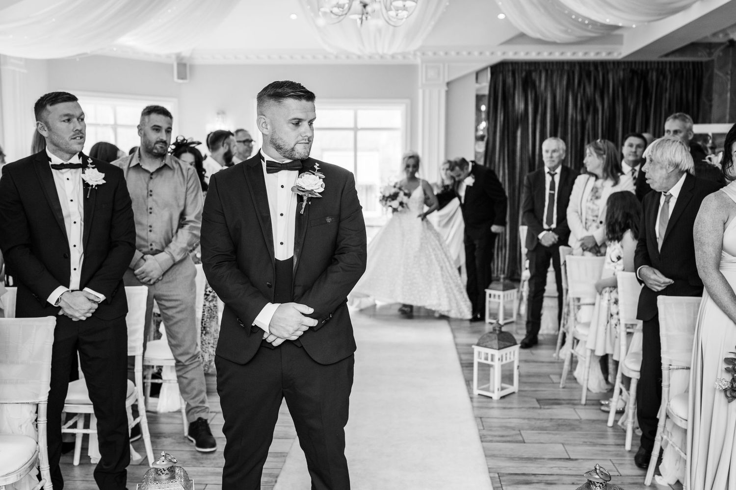 Groom waiting for the bride, wedding photographer at Astley Bank Hotel, Darwen