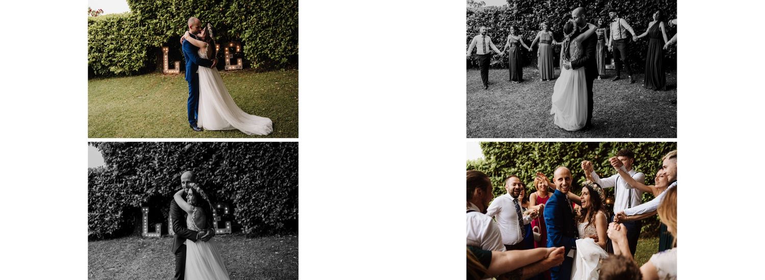 Bride and groom sharing first dance and celebrating with guests in black and white wedding photos.