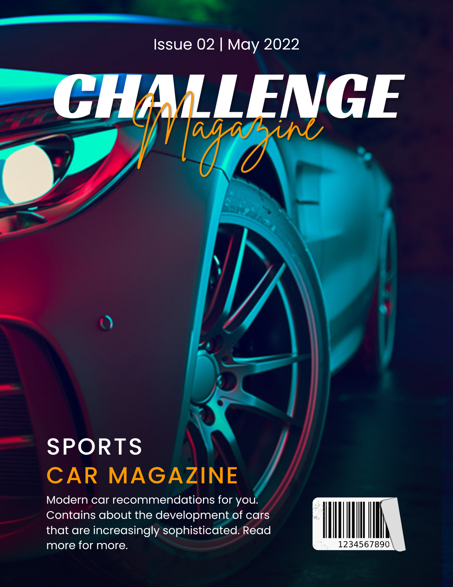 Sports car magazine cover featuring neon-lit wheel and car detail.