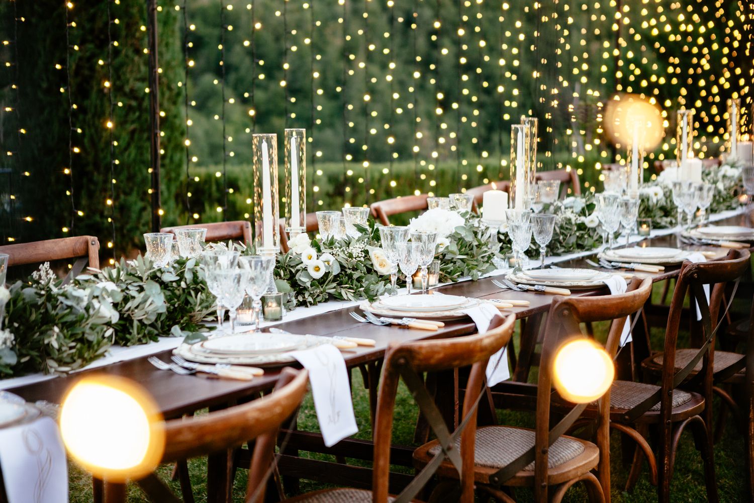 white flowers set among olive branches under a canopy of fairy lights