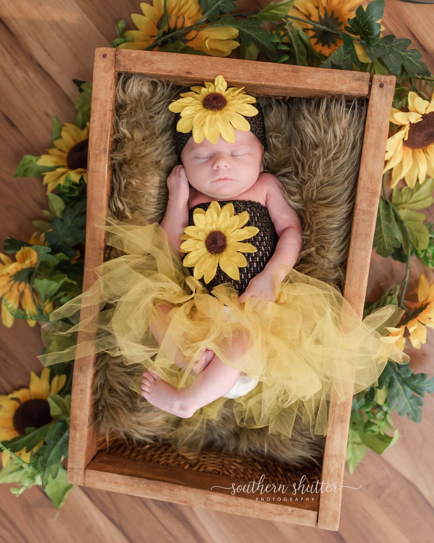 A newborn sleeping in a wooden crate surrounded by yellow sunflowers and wearing a yellow tulle tutu.
