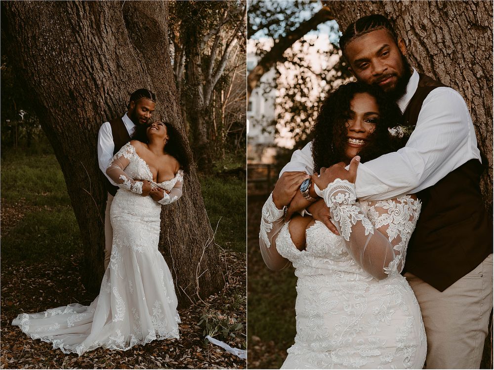 Intimate wedding portraits showing couple embracing by tree in golden hour light.