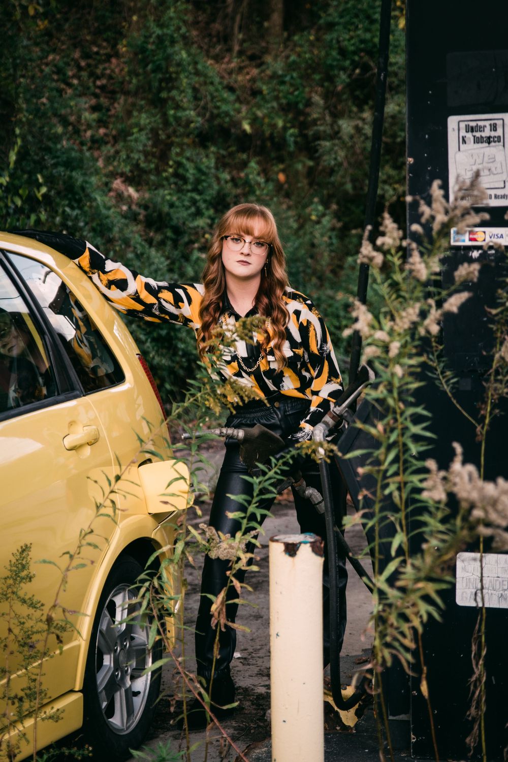 Senior Girl Yellow Car Artistic Gas Station