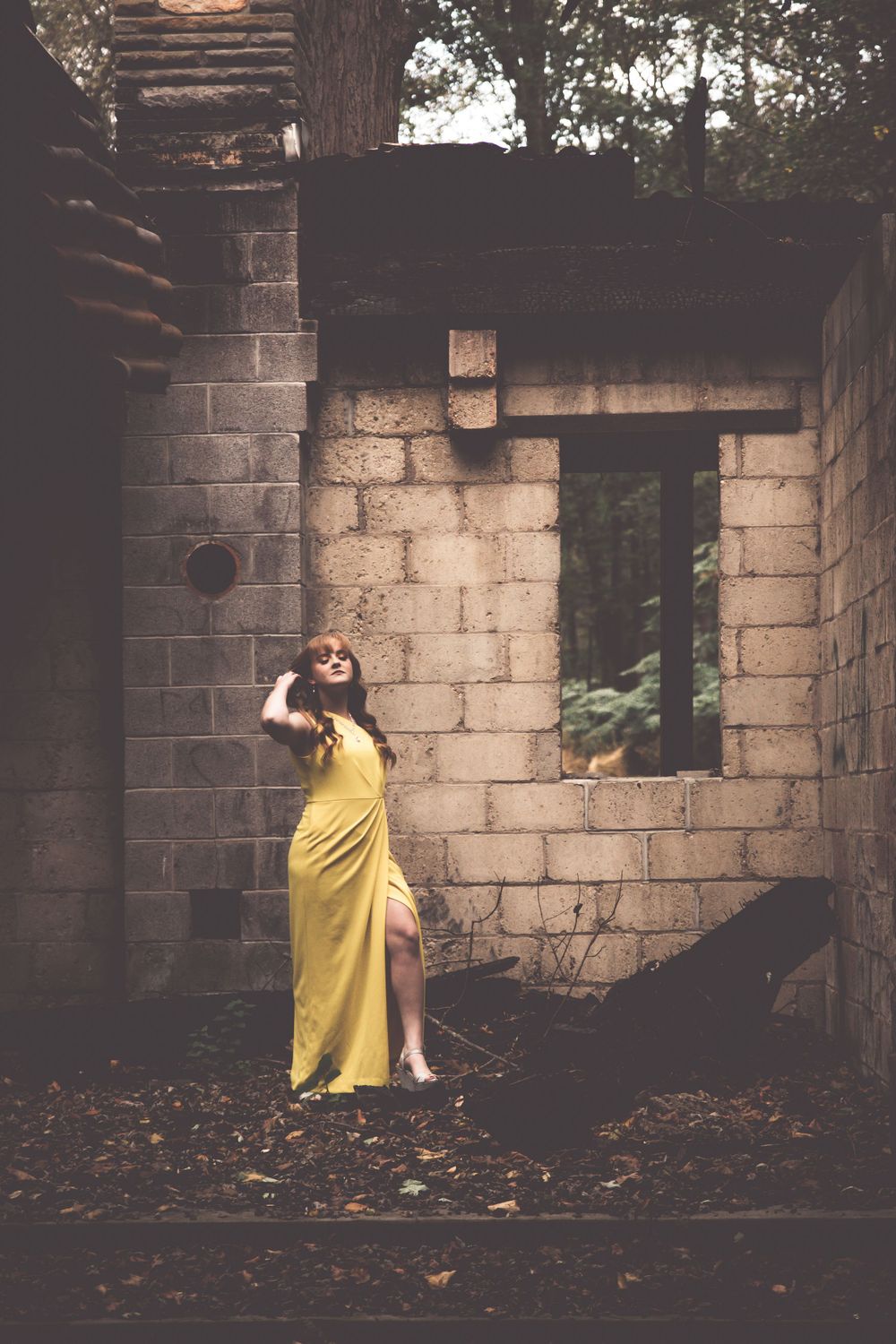 Senior Girl Yellow Dress in abandoned building