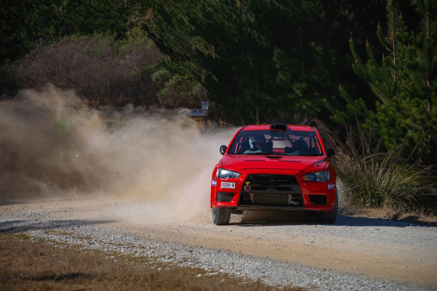 Red rally car racing on gravel road creating dramatic dust cloud.
