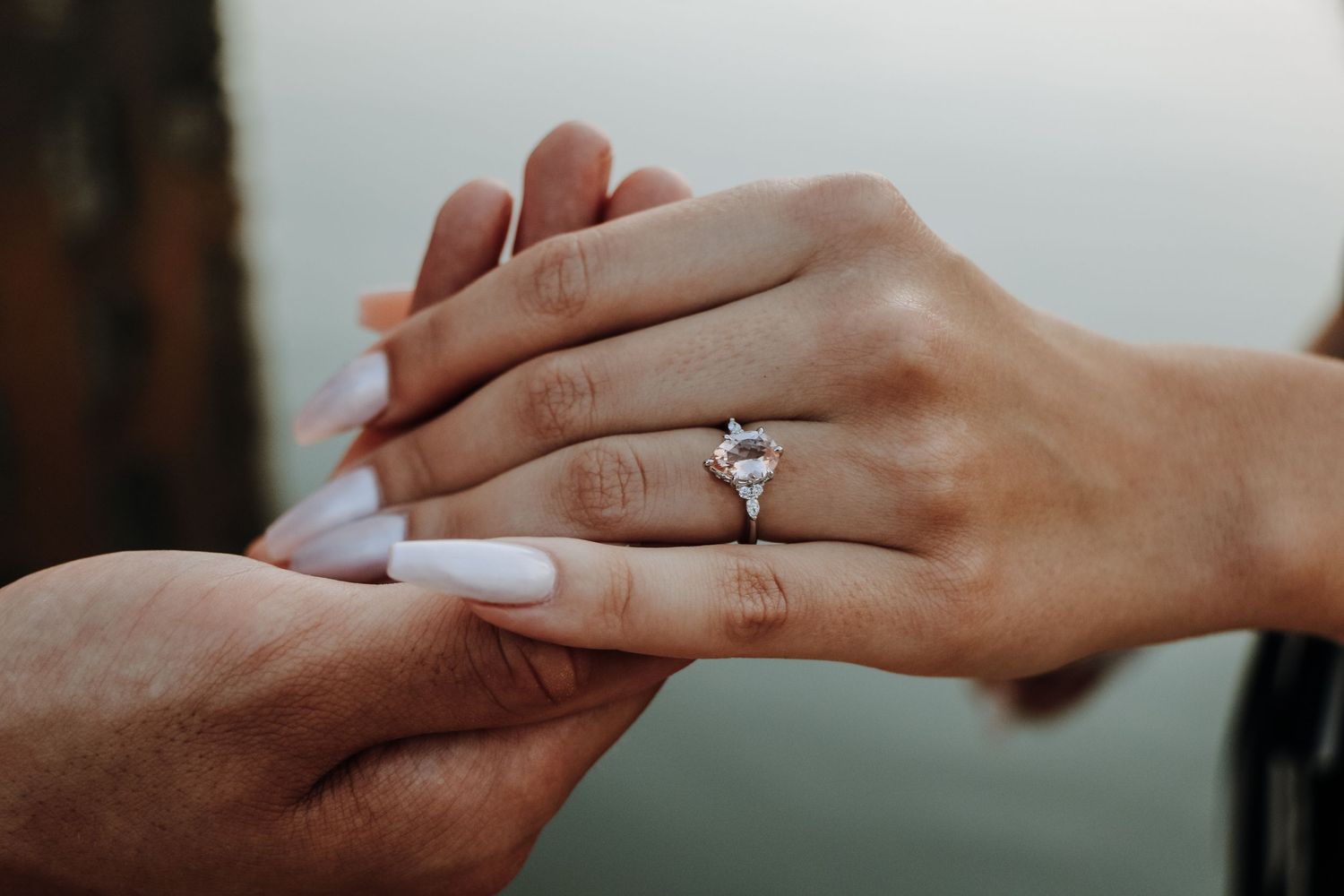 Close-up shots of hands wearing engagement rings against blurred background.